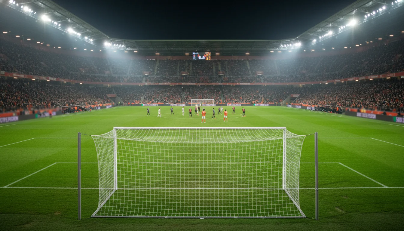 Eredivisie voetbalwedstrijd in een vol Nederlands stadion met groene grasmat