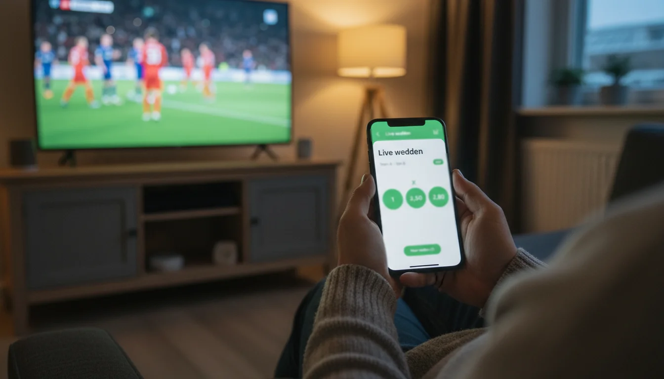 Persoon kijkt voetbalwedstrijd op smartphone terwijl live odds worden getoond
