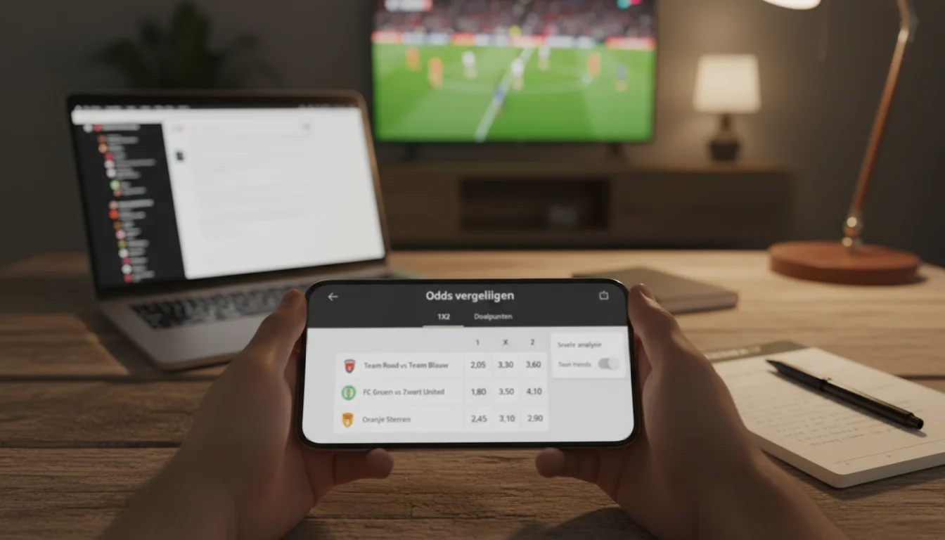 Voetbal odds vergelijken — wedder analyseert quoteringen op laptop met voetbalwedstrijd op de achtergrond